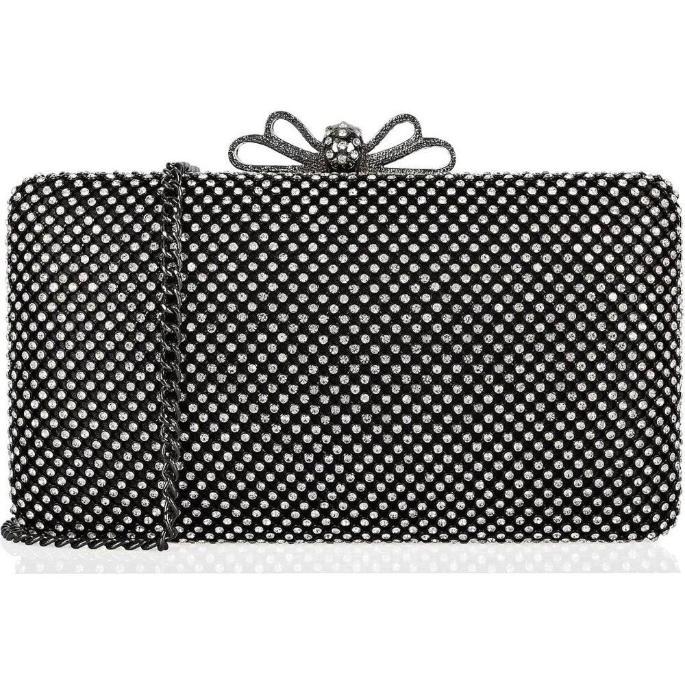 ⚡ Women's Black White‎ Rhinestone Crystal Bow Clasp Metal Chain Clutch Handbag